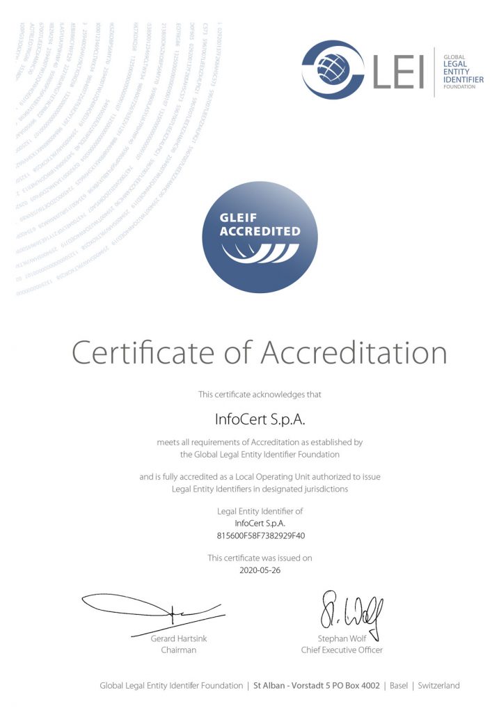 Infocert GLEIF Certificate of Accrefitation